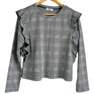 Suzy Shier Women Top Plaid Print Ruffle Shoulder Trim Lantern Sleeve Blouse L